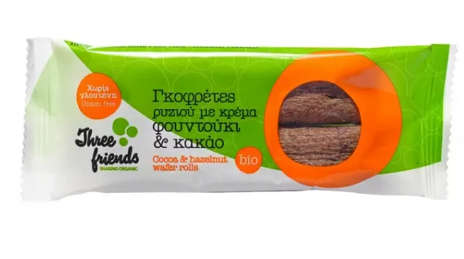 THREE FRIENDS Γκοφρέτες ρυζιού με κρέμα φουντούκι και κακάο 25 GR