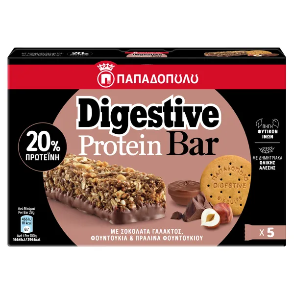 ΠΑΠΑΔΟΠΟΥΛΟΥ Digestive bars με σοκολάτα γάλακτος & πρωτεΐνη 28g (5τεμ.)