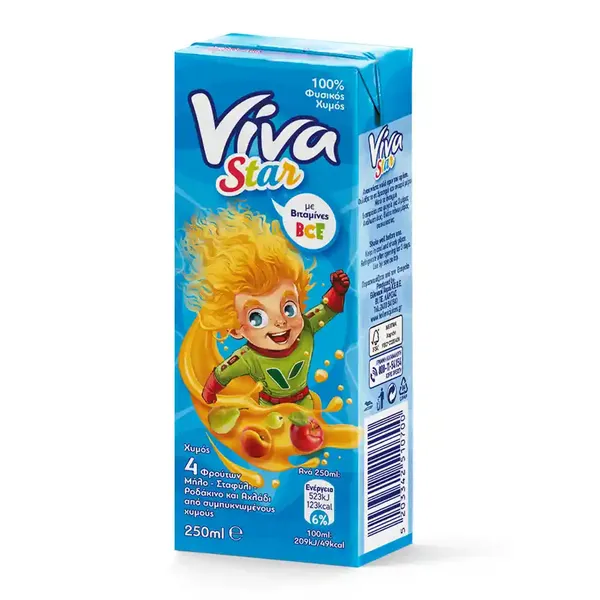 Viva Star Φυσικός Xυμός 100% Μήλο Σταφύλι Ροδάκινο & Αχλάδι 250ml.