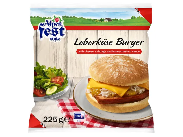 Burger με αλλαντικό Leberkäse (Κοτόπουλο, ξινό λάχανο, λουκάνικο)