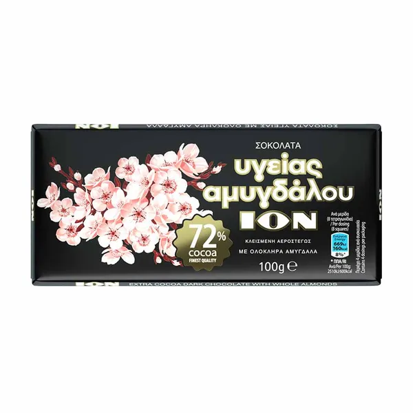 ΙΟΝ Σοκολάτα Υγείας 72% κακάο με ολόκληρα αμύγδαλα 100γρ.