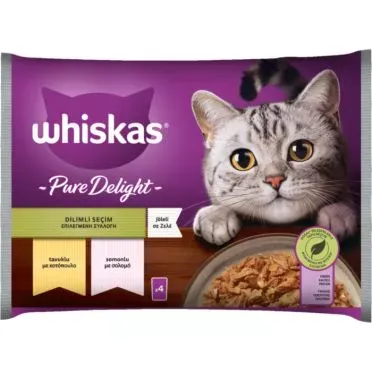 WHISKAS® Pure Delight Adult Πλήρης Υγρή Τροφή Γάτας  Επιλεγμένες Ποικιλίες σε Ζελέ (Τόνος, Σολομός,) Φακελάκι Πολυσυσκευασία 4X85g