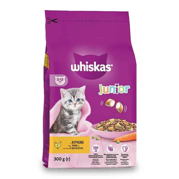 WHISKAS® Junior Πλήρης Ξηρή Τροφή για Γάτας Γεμιστές Κροκέτες Κοτόπουλο και Γάλα 300g