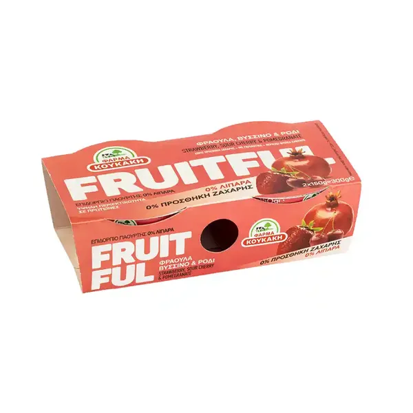 Επιδόρπιο γιαουρτιού ΦΑΡΜΑ ΚΟΥΚΑΚΗ fruitful 0%λιπ. φράουλα-βύσσινο & ρόδι 2Χ150γρ.