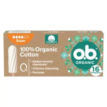 o.b.® ORGANIC™ Super Ταμπόν Mε 100% Πιστοποιημένο Οργανικό Βαμβάκι Χωρίς Απλικατέρ Με Σούπερ Απορροφητικότητα Για Ημέρες Με Μεγάλη Ροή, 16 Τεμάχια