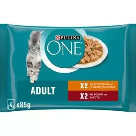 PURINA ONE ADULT Φιλετάκια σε σάλτσα με Κοτόπουλο και Πράσινα Φασολάκια & Βοδινό και Καρότα 4x85g
