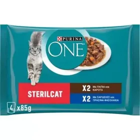 PURINA ONE STERILCAT Φιλετάκια σε σάλτσα με Πάπια και Καρότα & Σαρδέλες και Πράσινα Φασολάκια 4x85g