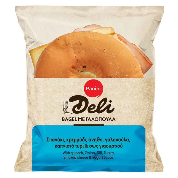 Panini Deli Bagel Με Γαλοπούλα, Σπανάκι, Κρεμμύδι, Άνηθο, Καπνιστό Τυρί & Σως Γιαουρτιού 160γρ.