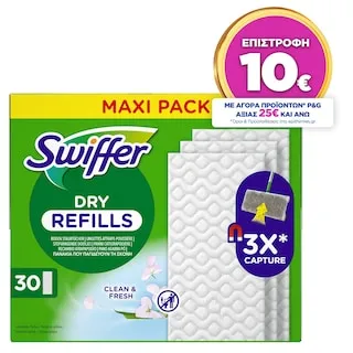 SWIFFER Στεγνά Πανάκια Πατώματος Clean & Fresh Ανταλλακτικά 30 Τεμάχια