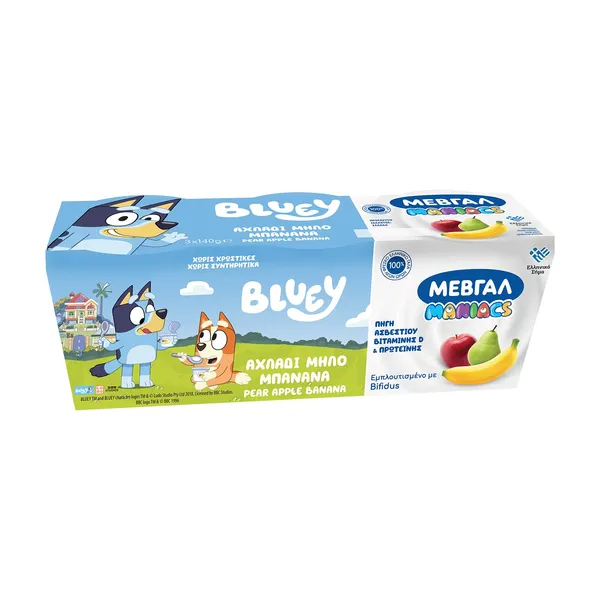 ΜΕΒΓΑΛ Maniacs Bluey Επιδόρπιο Γιαουρτιού Αχλάδι Μήλο Μπανάνα 3x140g