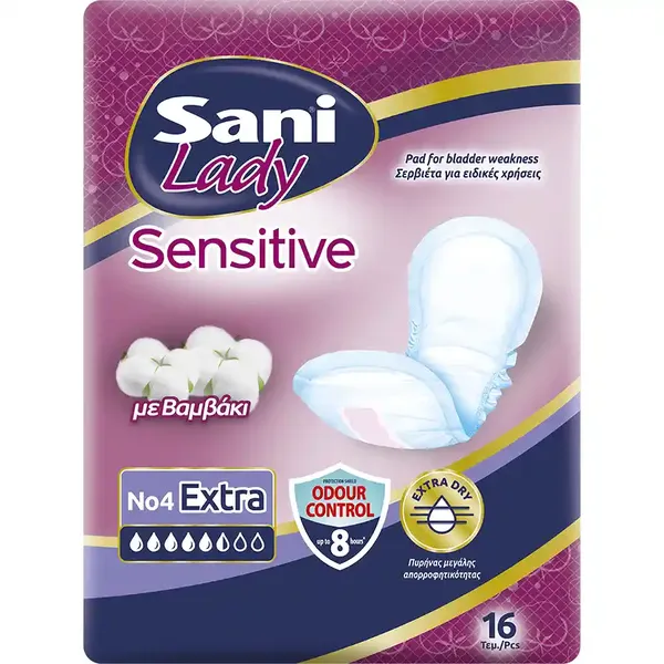 Σερβιέτες Ακράτειας με βαμβάκι Sani lady Sensitive Extra No4 16 τεμ