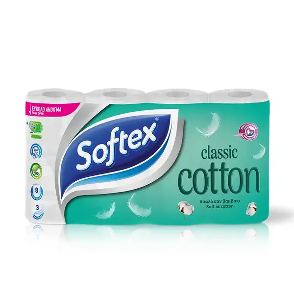 SOFTEX COTTON CLASSIC, ΧΑΡΤΙ ΥΓΕΙΑΣ 3 ΦΥΛΛΩΝ 8ΑΡΙ 624γρ.
