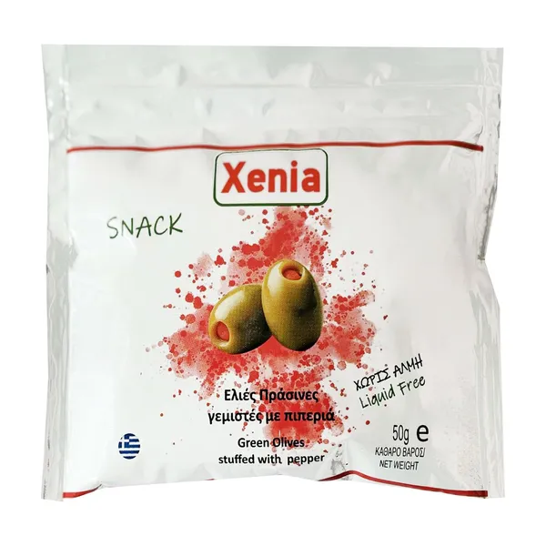 Ελιές Πράσινες ΧΕΝΙΑ Snack γεμιστές με Πιπεριά χωρίς Άλμη 50g
