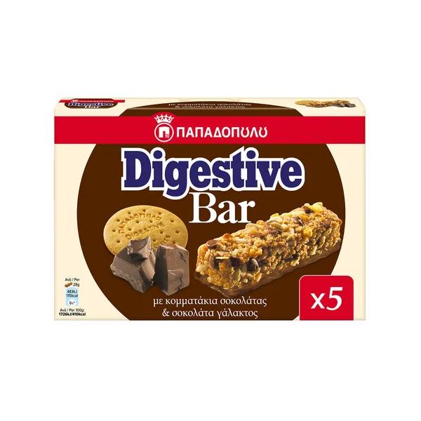 ΠΑΠΑΔΟΠΟΥΛΟΥ Digestive bar με κομμάτια σοκολάτας & σοκολάτα γάλακτος 28g (5τεμ.)