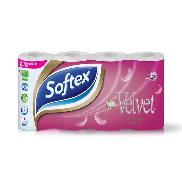 SOFTEX Velvet Χαρτί Υγείας 4 Φύλλων 8τεμ 824g