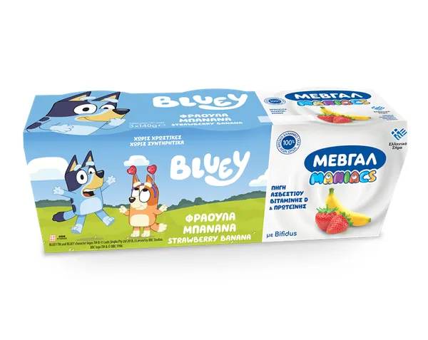 maniacs Bluey παιδικό γιαούρτι φράουλα - μπανάνα / αχλάδι - μήλο - μπανάνα