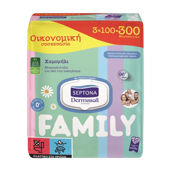 SEPTONA Family Μωρομάντιλα Dermasoft Χαμομήλι 3x100τεμ