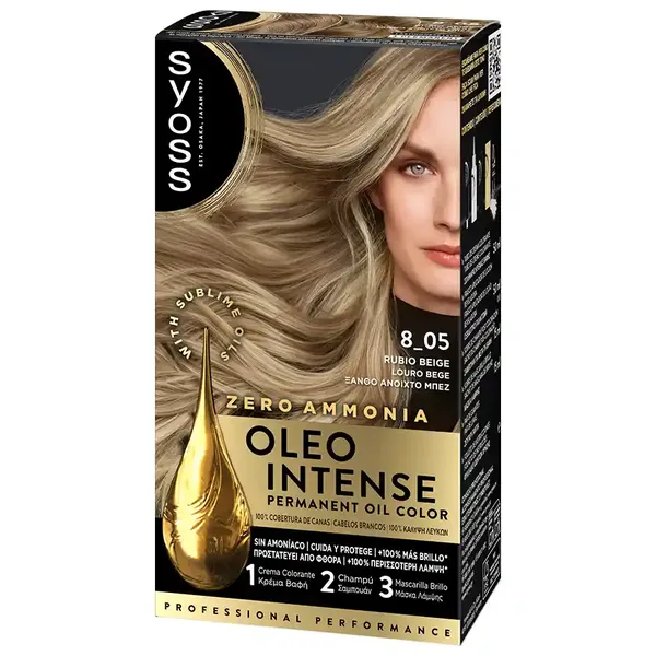 Syoss Oleo Intense Μόνιμη Κρέμα Βαφή Μαλλιών 8-05 Ξανθό Ανοιχτό Μπεζ