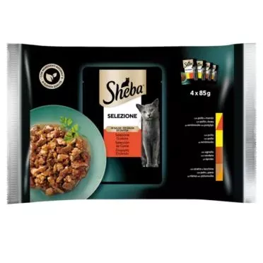 SHEBA® Adult Πλήρης Υγρή Τροφή Γάτας Επιλεγμένο Κρέας (Κοτόπουλο & Μοσχάρι, Κοτόπουλο, Αρνάκι, Πάπια & Γαλοπούλα) Φακελάκι Πολυσυσκευασία 4x85G