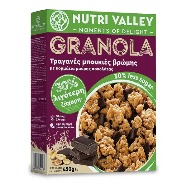 NUTRI VALLEY Granola Τραγανές Μπουκιές Βρώμης με Μαύρη Σοκολάτα 30% Λιγότερη Ζάχαρη 450g
