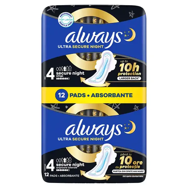 Always Ultra Σερβιέτες Secure Night (Μέγεθος 4) Με Φτερά 12τεμ.