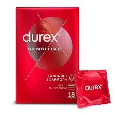 Durex Προφυλακτικά Λεπτά Sensitive Κανονική εφαρμοργή ,18 τεμάχια