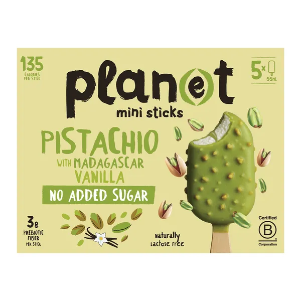 PLANET ξυλάκια mini με πραλίνα pistachio & βανίλια Μαδαγασκάρης χωρίς ζάχαρη 5x45γρ.