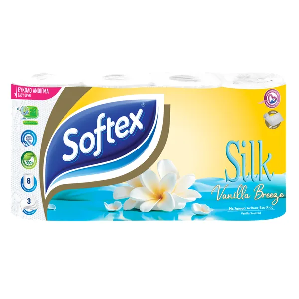 Softex® Silk Vanilla Breeze αρωματικό χαρτί υγείας 3 φύλλων, 8 ρολά