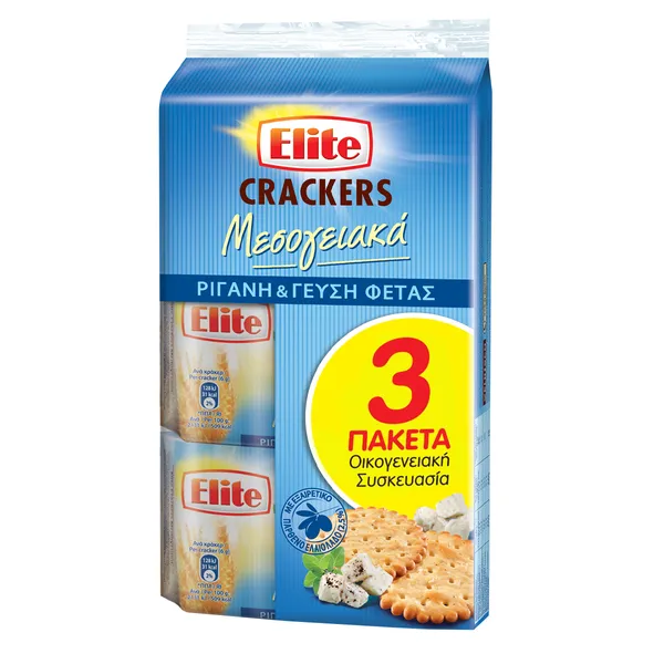 Elite Crackers Μεσογειακά Ρίγανη & Φέτα 3 Χ 105g Οικογενειακή Συσκευασία