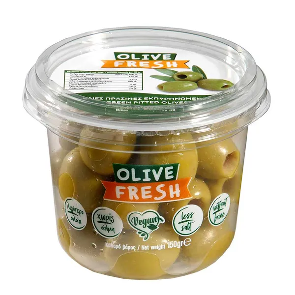 Ελιές εκπυρηνωμένες OLIVE FRESH καλαμών, cocktail με ρίγανη & θυμάρι 150γρ. / Ελιές πράσινες OLIVE FRESH εκπυρηνωμένες, γεμιστές με αμύγδαλο, με πιπεριές & μπαχαρικά 150γρ.