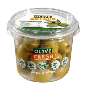 Ελιές εκπυρηνωμένες OLIVE FRESH καλαμών, cocktail με ρίγανη & θυμάρι 150γρ. / Ελιές πράσινες OLIVE FRESH εκπυρηνωμένες, γεμιστές με αμύγδαλο, με πιπεριές & μπαχαρικά 150γρ.