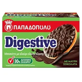 ΠΑΠΑΔΟΠΟΥΛΟΥ Digestive Μπισκότα με Επικάλυψη Μαύρη Σοκολάτα με 30% Λιγότερη ζάχαρη 200g