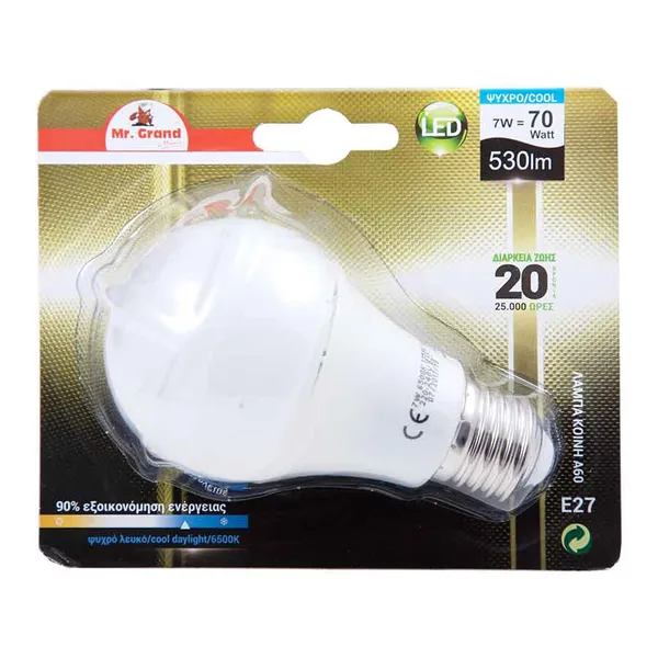 MrGrand Λάμπα Led E27 A60 7W 6500K 240V