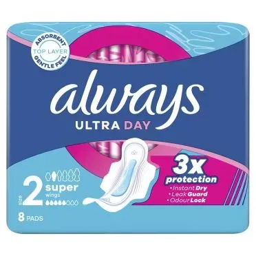 Always Σερβιέτες Ultra Day Super (Μέγεθος 2) Φτερά x 8] Σερβιέτες
