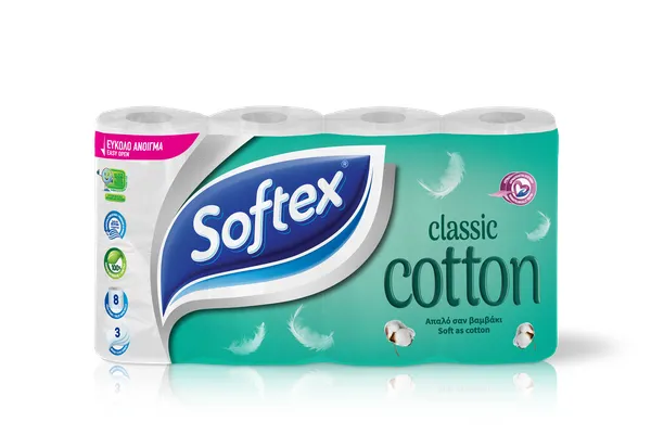 SOFTEX COTTON CLASSIC Χαρτί Υγείας Απαλό σαν Βαμβάκι 3φυλλο 78g x 8τμχ