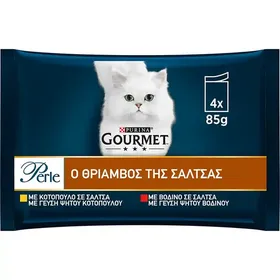Purina Gourmet Perle Θρίαμβος Της Σάλτσας Γατοτροφή Φιλετάκια  Με Βοδινό & Κοτόπουλο 4x85γρ.