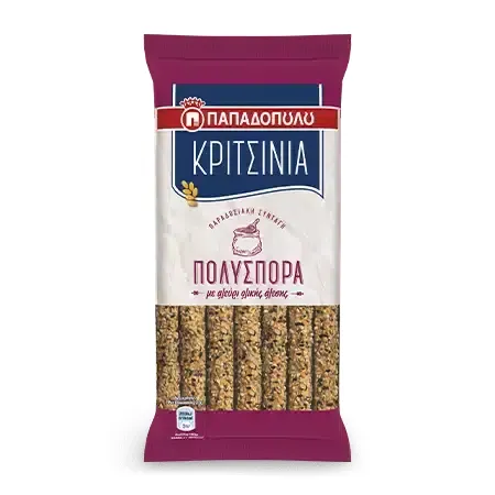 κριτσίνια πολύσπορα 185γρ, μακεδονικά σίτου ή ολικής άλεσης 200γρ., με χαρούπι 180γρ., με σουσάμι 130γρ. ή με σουσάμι χωρίς ζάχαρη 170γρ.