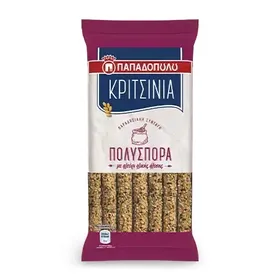 κριτσίνια πολύσπορα 185γρ, μακεδονικά σίτου ή ολικής άλεσης 200γρ., με χαρούπι 180γρ., με σουσάμι 130γρ. ή με σουσάμι χωρίς ζάχαρη 170γρ.