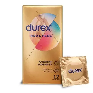 Durex Προφυλακτικά Πολύ Λεπτά Χωρίς Λάτεξ Real Feel  Κανονική Εφαρμογή, 12 τεμάχια