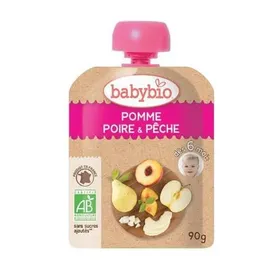BABYBIO Βιολογικός Πουρές Φρούτων Μήλο-Ροδάκινο-Αχλάδι 6+ Μηνών Χωρίς Γλουτένη, Γάλα και χωρίς Προσθήκη Ζάχαρης 90 GR