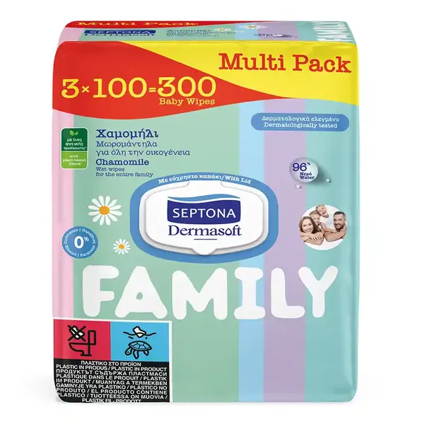 Septona Dermasoft Family Μωρομάντηλα Με Καπάκι 3x100τεμ.