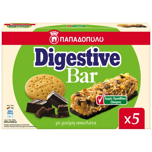 Digestive bar με μαύρη σοκολάτα χωρίς προσθήκη ζάχαρης 28g (5τεμ.)