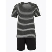 T-Shirt Γκρι με Ρίγες και Κλειστή Στρογγυλή Λαιμόκοψη από 100% βαμβάκι S Marks & Spencer