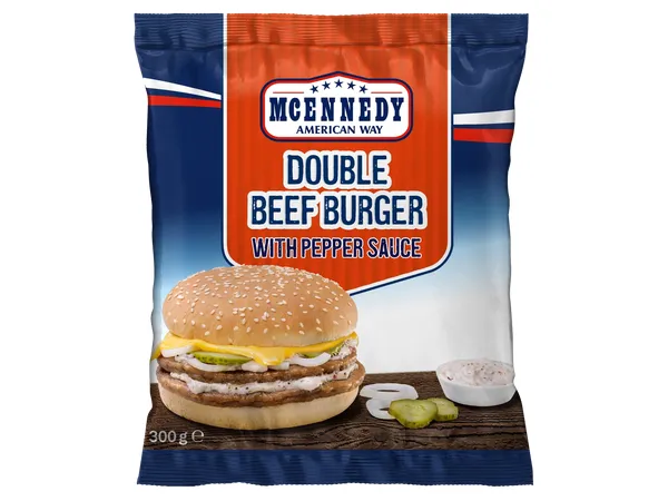 Διπλό Burger (Χοιρινό με BBQ σως, μοσχαρίσιο με σως πιπεριού)