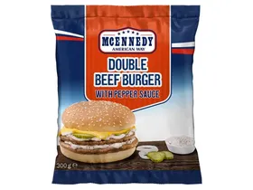 Διπλό Burger (Χοιρινό με BBQ σως, μοσχαρίσιο με σως πιπεριού)