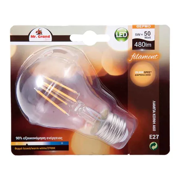 MrGrand Λάμπα Led Κοινή Filament E27 5W 2700K 240V