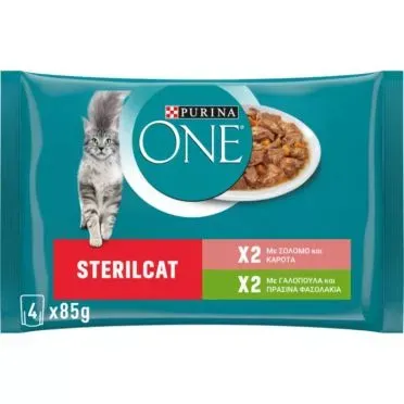 PURINA ONE STERILCAT Φιλετάκια σε σάλτσα με Σολομό Καρότα & Γαλοπούλα Πράσινα Φασολάκια 4x85g