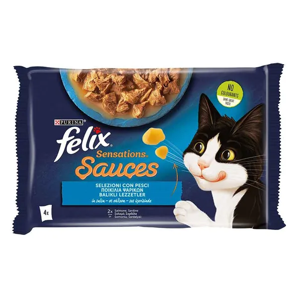 Purina Felix Sensations Γατοτροφή Σε Σάλτσα Με Σολομό & Σαρδέλα 4x85γρ.