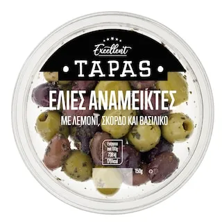 EXCELLENT TAPAS Ελιές Ανάμεικτες με Λεμόνι, Σκόρδο και Βασιλικό 150g