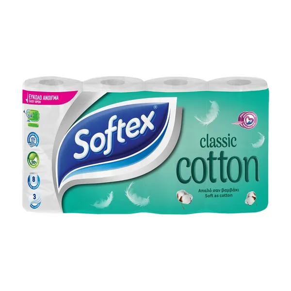 SOFTEX Classic Cotton Χαρτί Υγείας 3 Φύλλων 8τεμ 624g